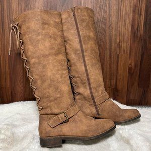 Justfab Womens Primrose Riding Boots Brown Knee High Flat Heel Lace Up 6 M